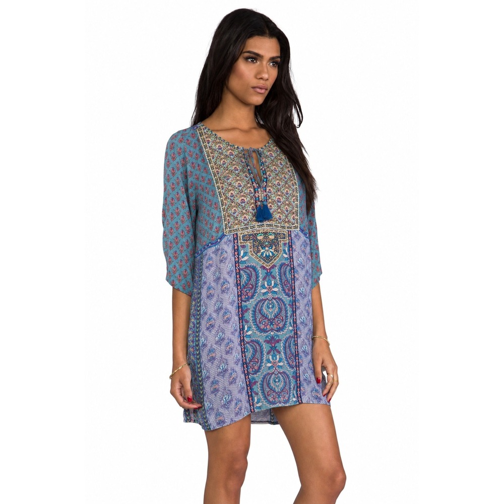 Tolani Tunic Dress Blue Paisley Patchwork Embroidered Viscose 3/4 Sleeve M